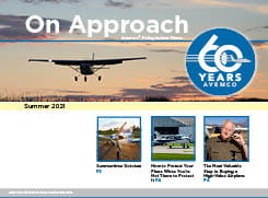 Thumbnail image of newsletter cover page. Small private plane flying towards the camera, with a purple and pink sunset in the background.